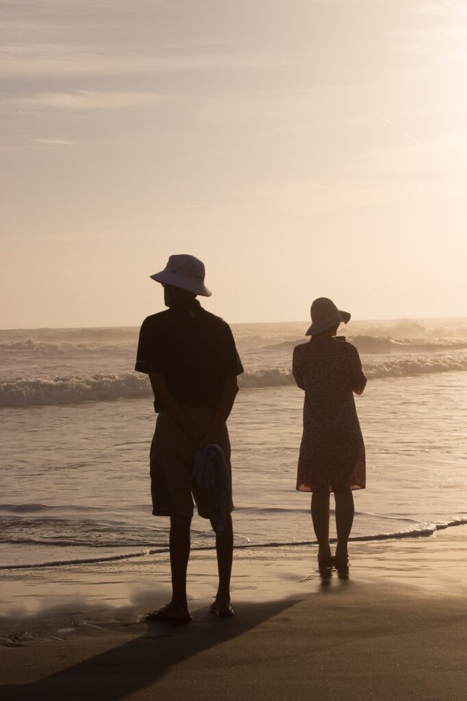 couple, beach, sunset